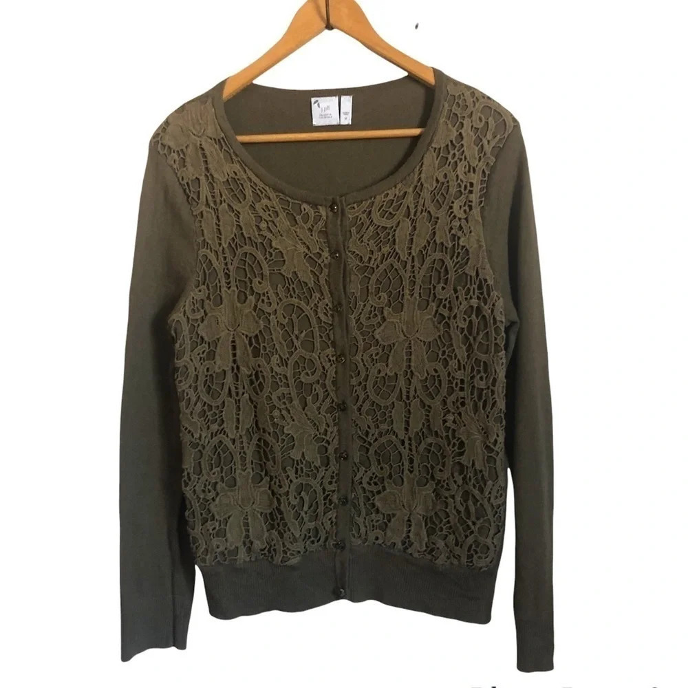 J. Jill Olive Green Sweater Embroidery Lace Look Medium